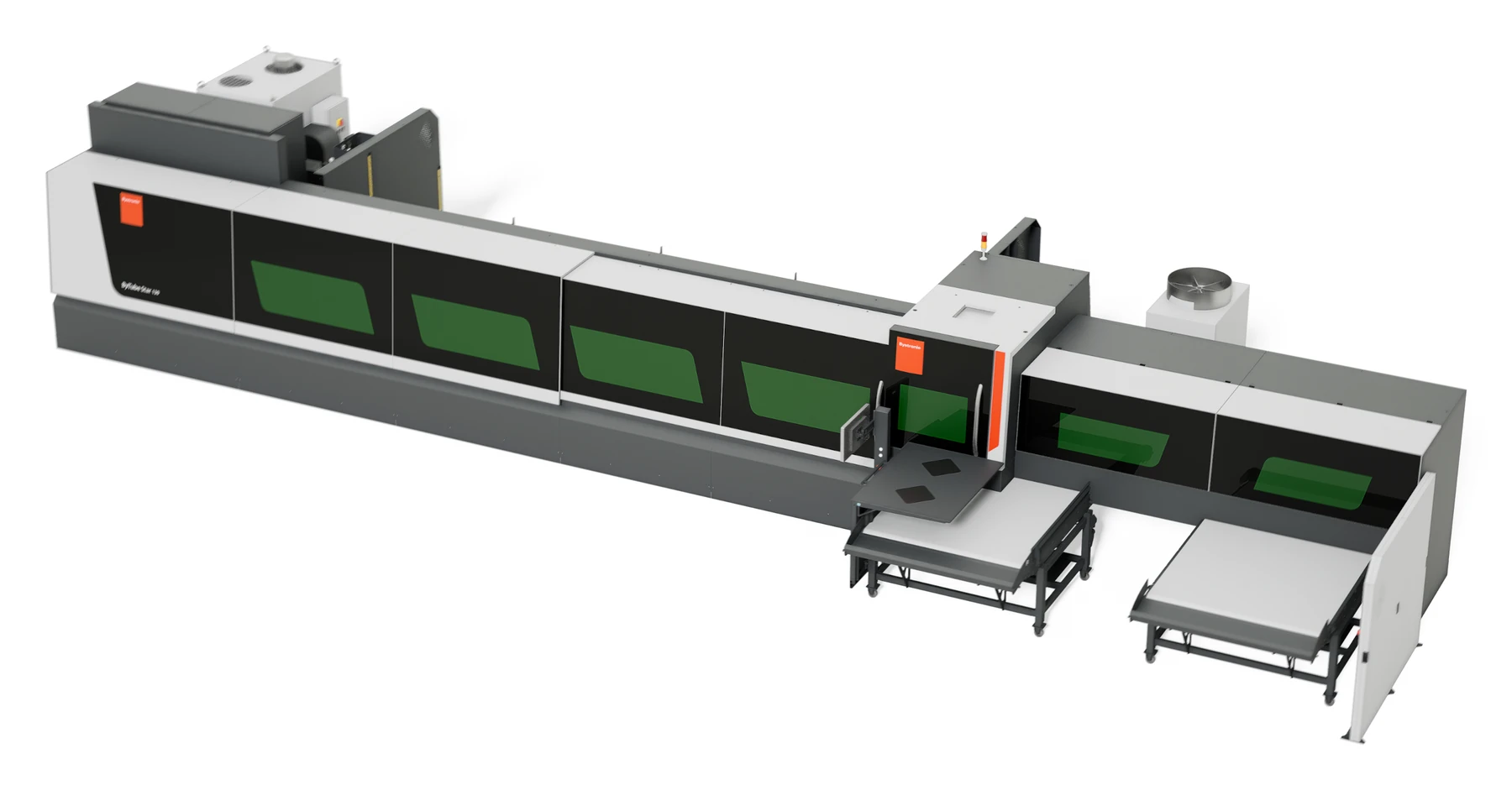 Macchina di taglio laser tubo Bystronic ByTube Star 130, vista d’insieme con cabina di protezione e tavoli di scarico