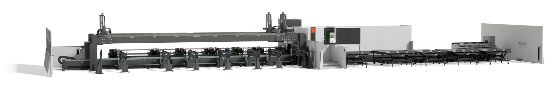 Macchina di taglio laser 3D per tubi Bystronic ByTube Star 330 vista di lato, con portale di carico delle barre e zona di scarico